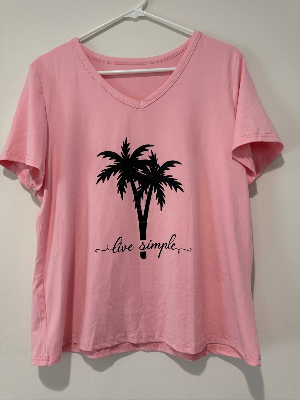 SHEIN Pink V-Neck Short Sleeve Tee with Black Palm Graphic